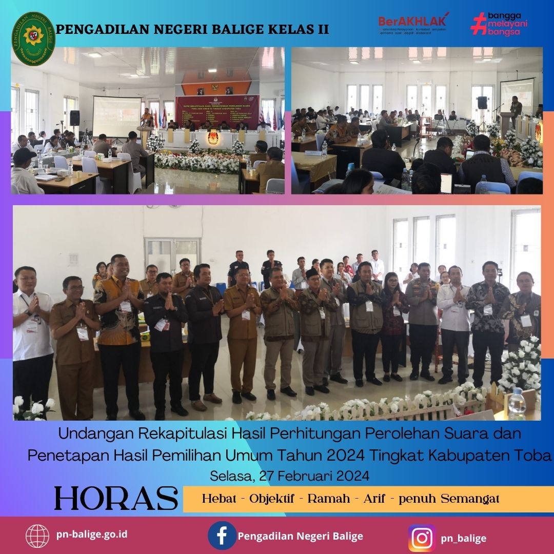 UNDANGAN REKAPITULASI HASIL PERHITUNGAN PEROLEHAN SUARA DAN PENETAPAN HASIL PEMILIHAN UMUM TAHUN 2024 TINGKAT KABUPATEN TOBA